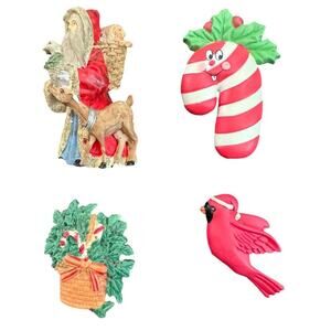 VTG Holiday Fridge Magnet Lot Candy Cane Cardinal Santa Avon Enesco Christmas
